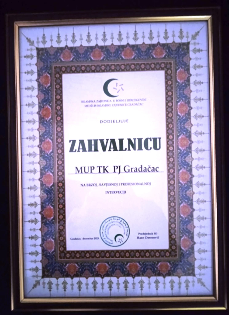 PU Gradačac – uručena zahvalnica MIZ Gradačac